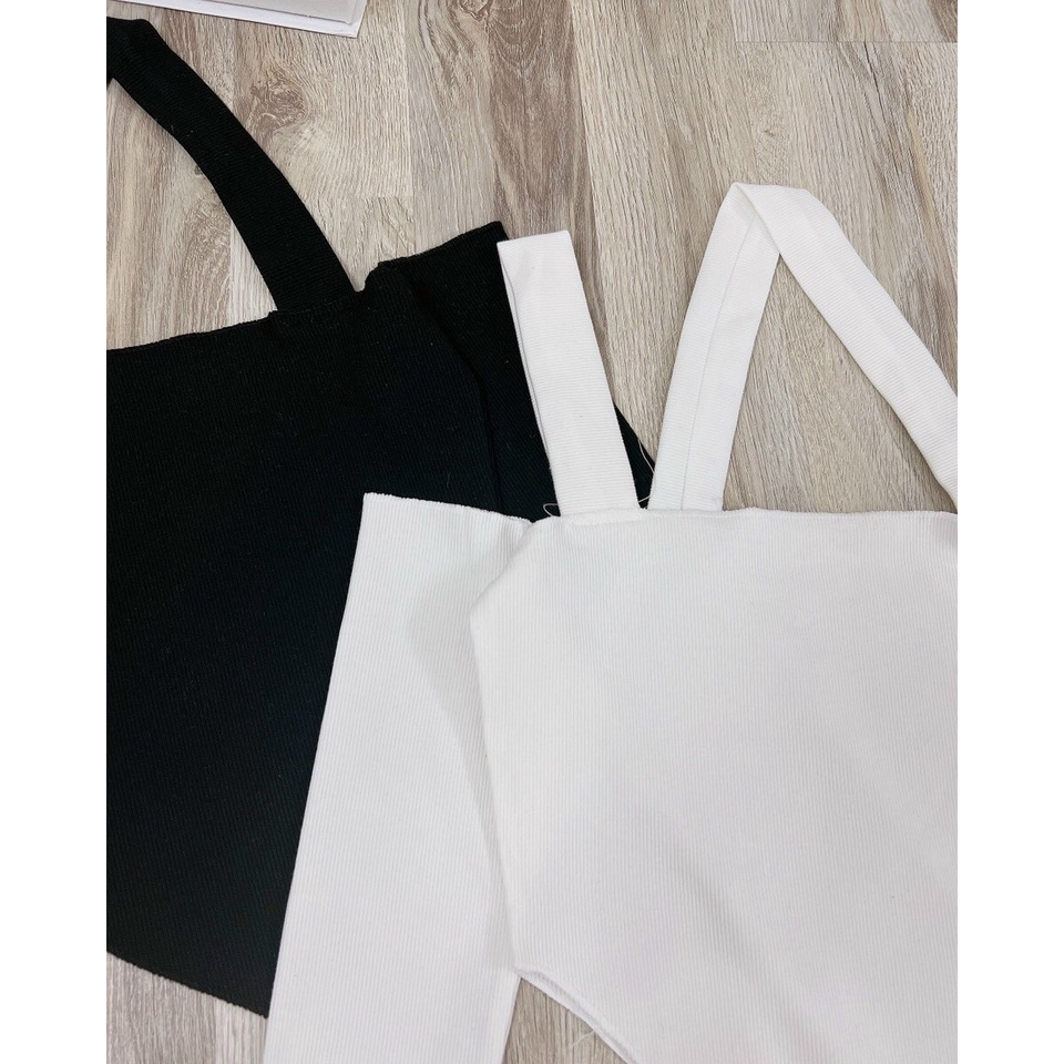 Áo yếm croptop bẹt vai tay dài dây chéo màu trắng/đen NÀNG CLOSET