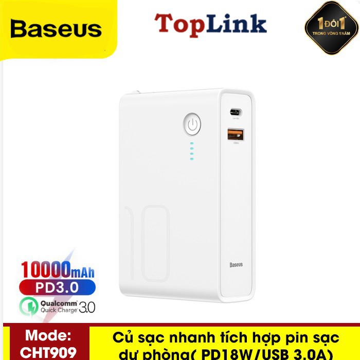 Pin Sạc Dự Phòng Baseus 2in 1 CHT909 Dung Lượng 10000 Mah Power Bank Tích Hợp Củ Sạc Nhanh Với Đầu Cắm USB 3A Và Type C