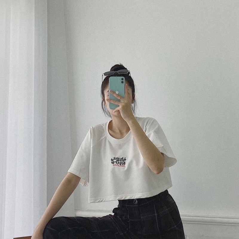 [Rẻ Vô ĐịchÁo Thun Nữ Croptop 💥FREESHIP💥 Áo Tay Lỡ Cotton Thêu Chữ Hàn