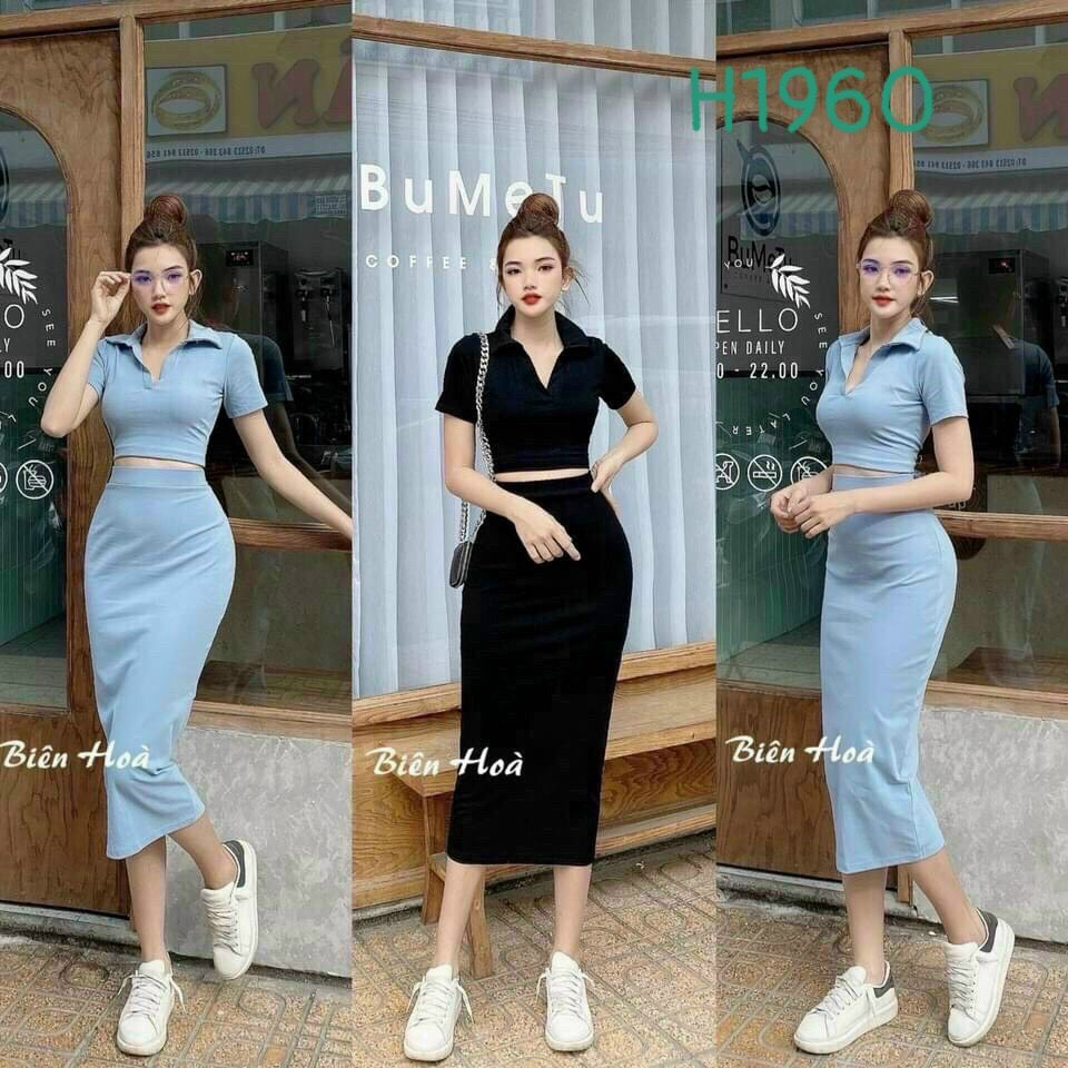 Sét bộ áo croptop cổ bẻ phối chân váy dài cực xinh , chất thun bozip mềm mịn