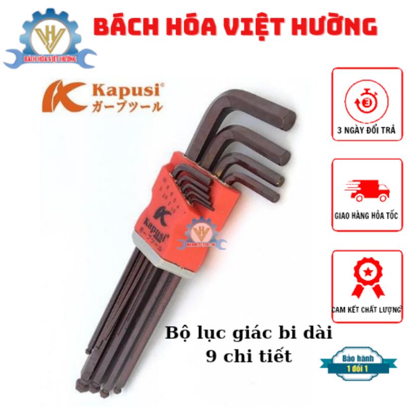 Bộ lục giác đầu bi dài 9 chi tiết hình chữ L CHÍNH HÃNG Kapusi  Japan cao cấp 1 đầu bị, 1 đầu lục giác