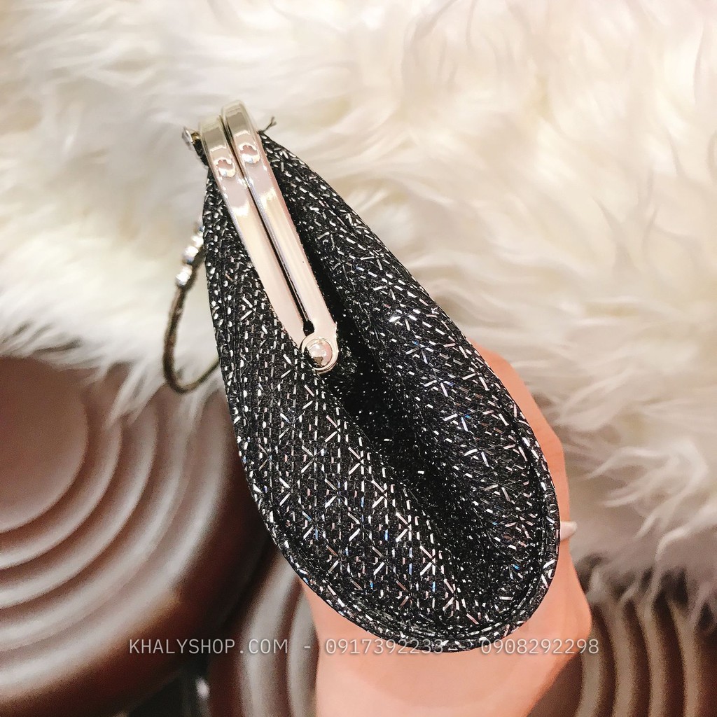 Bóp đầm clutch dạ hội dự tiệc sang trọng đeo chéo xách tay màu trắng, đen đan lưới kiểu khóa hột châu lấp lánh siêu xinh