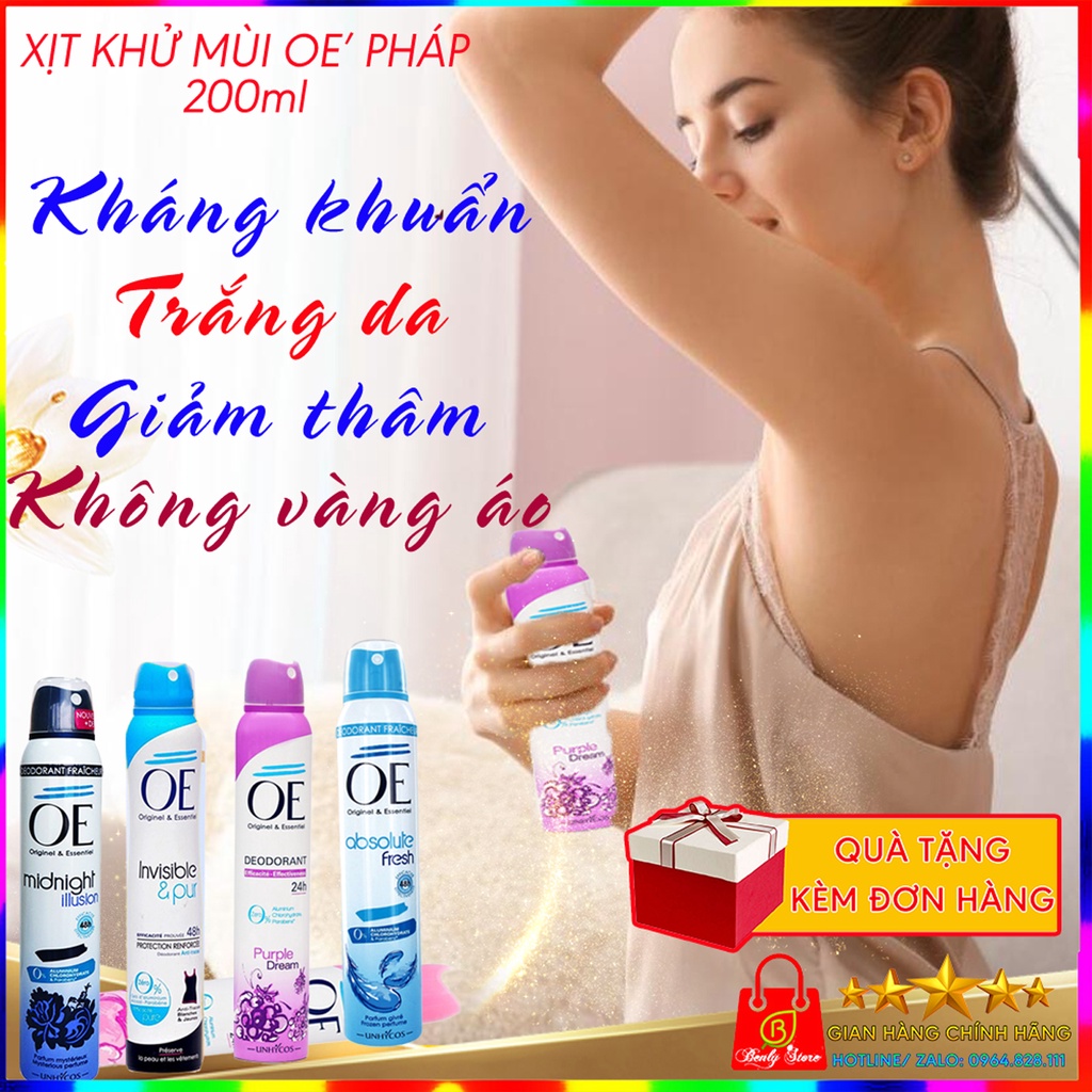 Xịt khử mùi nữ, khô thoáng, thơm lâu, không vàng áo, làm trắng da, mờ thâm - Xịt thơm body nữ- OE Pháp - 200ml