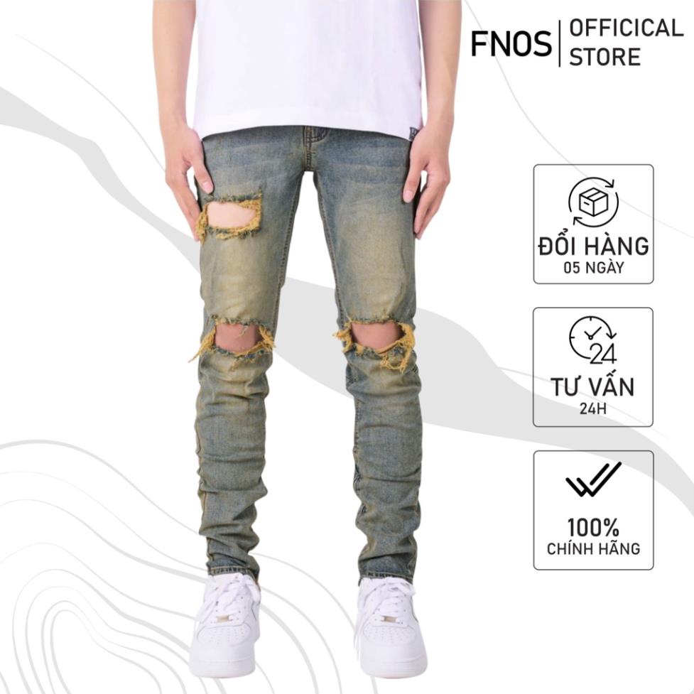 Quần jean nam streetwear cao cấp FNOS NZ10 màu xanh rách gối form slimfit jean thun co giãn !
