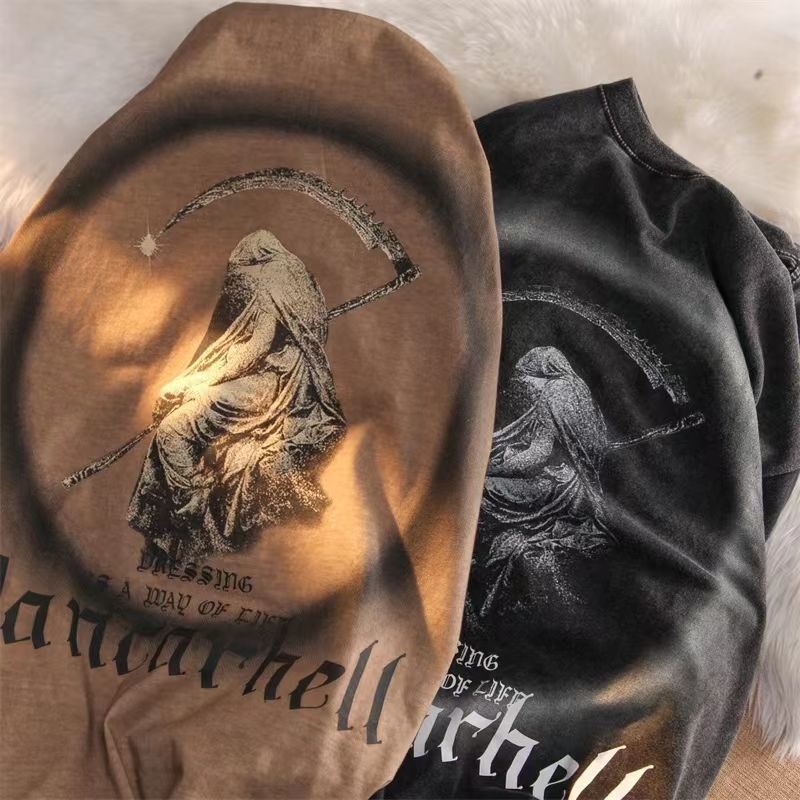 Áo Thun Cotton Tay Ngắn Màu Tối In Họa Tiết Thần Chết Phong Cách Retro Mỹ Thời Trang Cho Nam Và Nữ