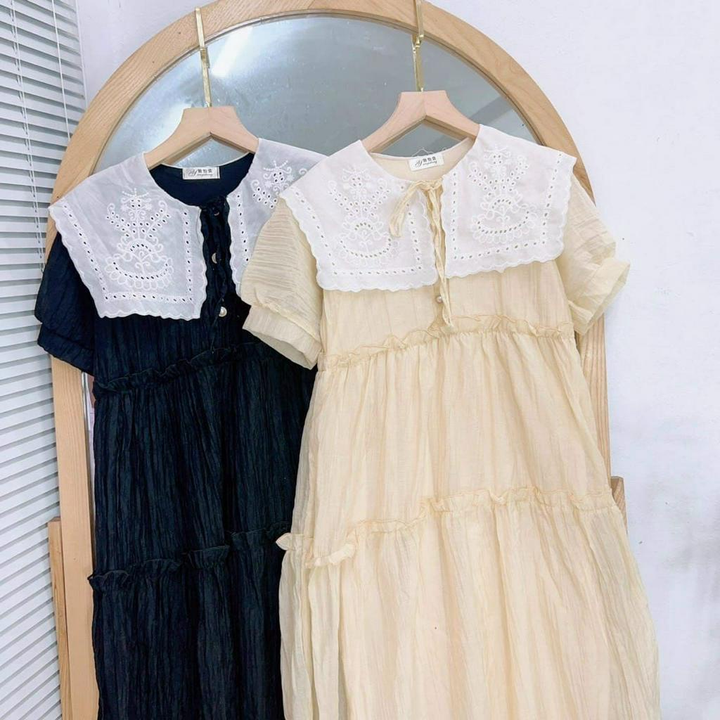 Đầm Bầu Váy Bầu Công Sở Đi Chơi Dự Tiệc Mùa Hè Chất Voan Tơ Cổ Ren Nhiều Tầng Xinh Xắn HD2773 Honey Mommy