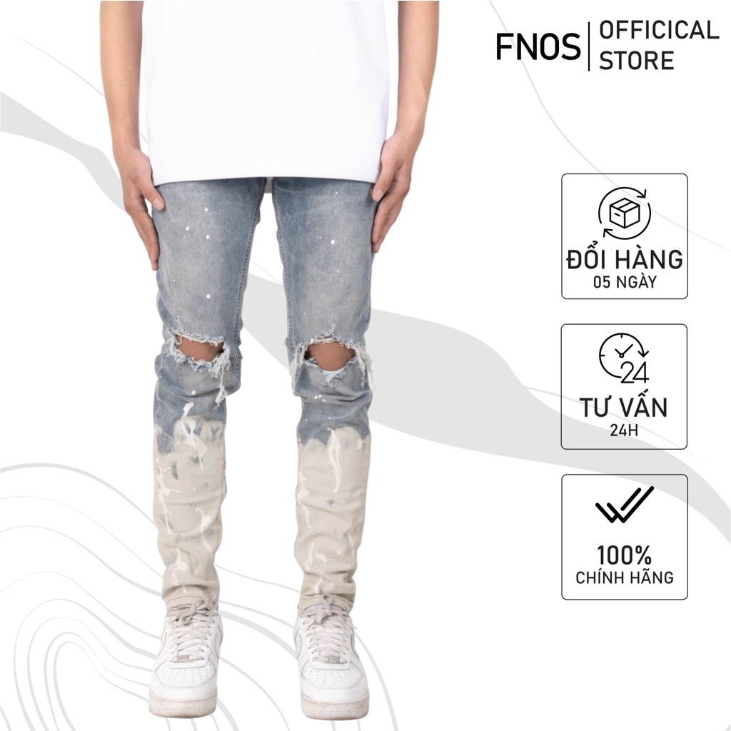 Quần Skinny Jeans Nam FNOS Streetwear Màu Xanh Vẩy Sơn Có Zip Z25 - Local Brand Chính Hãng