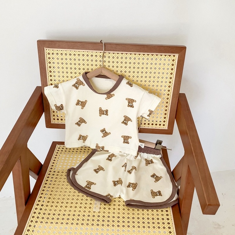 Bộ áo sơ mi in hình gấu hoạt hình + quần Short thời trang mùa hè cho bé