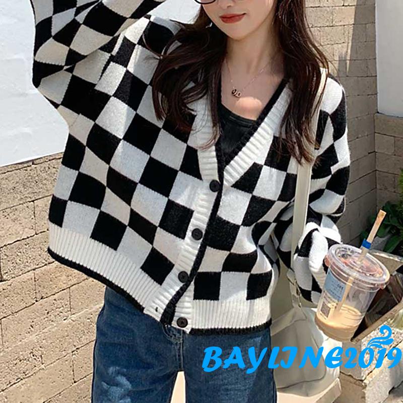 Áo khoác cardigan dệt kim cổ chữ v tay dài dáng rộng in họa tiết kẻ ô màu xanh lá/đen