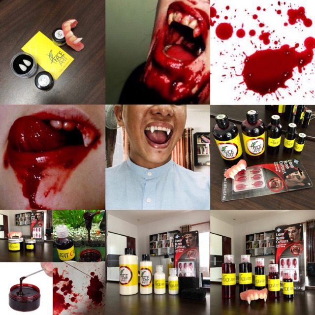 2 Chai máu hoá trang Đỏ tươi / Đỏ thẩm - 20 sản phẩm phẩm hoá trang phim, HALLOWEEN: sáp , LIQUID latex, răng nanh nhọn