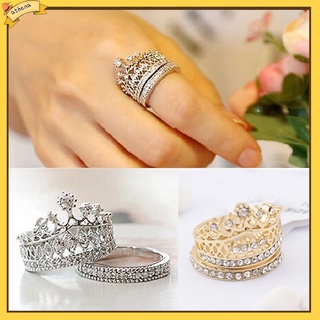 ATH_Women's Fashion Queen Crown Pattern Ring Set Rhinestone Two-piece Rings Jewelry