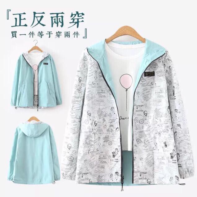 Áo khoác dù Hàn Quốc mặc được 2 mặt có nón đủ size M L Xl 2Xl 3Xl ( 45-90kg) chống nắng ༴