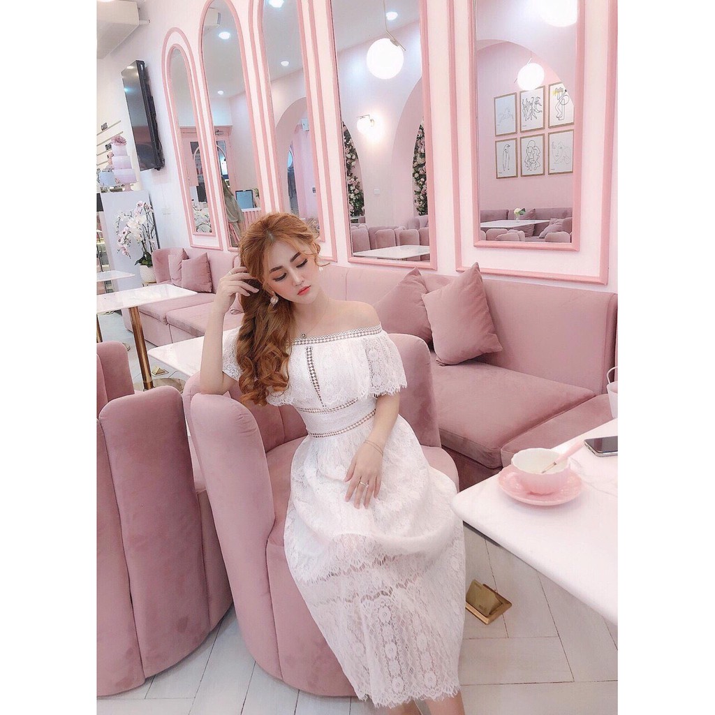 Đầm ren bẹt vai, váy ren trễ vai màu trắng size S, M, L rất xinh, ren nhập hàn chuẩn( 593 C00 CH ) EH | BigBuy360 - bigbuy360.vn