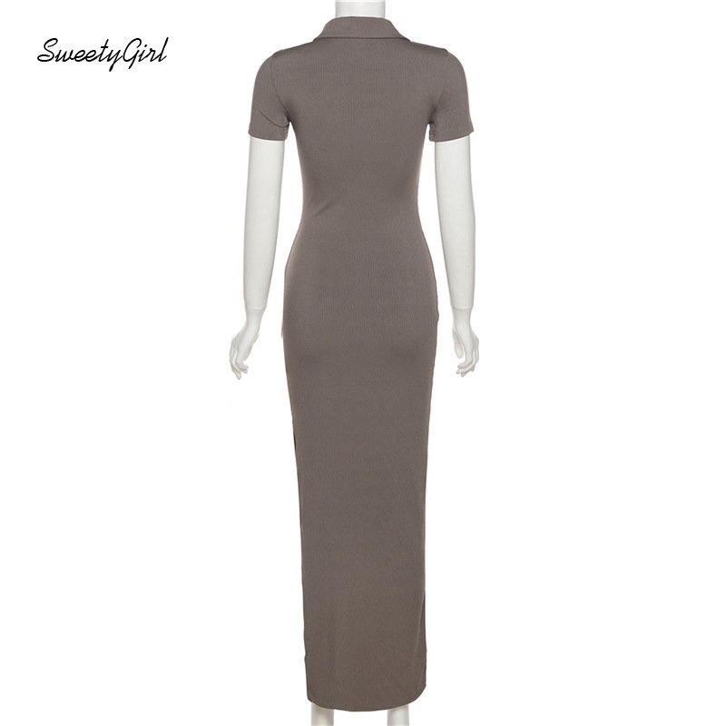 Đầm Maxi Cổ Polo Tay Ngắn Dáng Ôm Màu Khaki Cài Nút Thời Trang 2022 Cho Bạn Gái