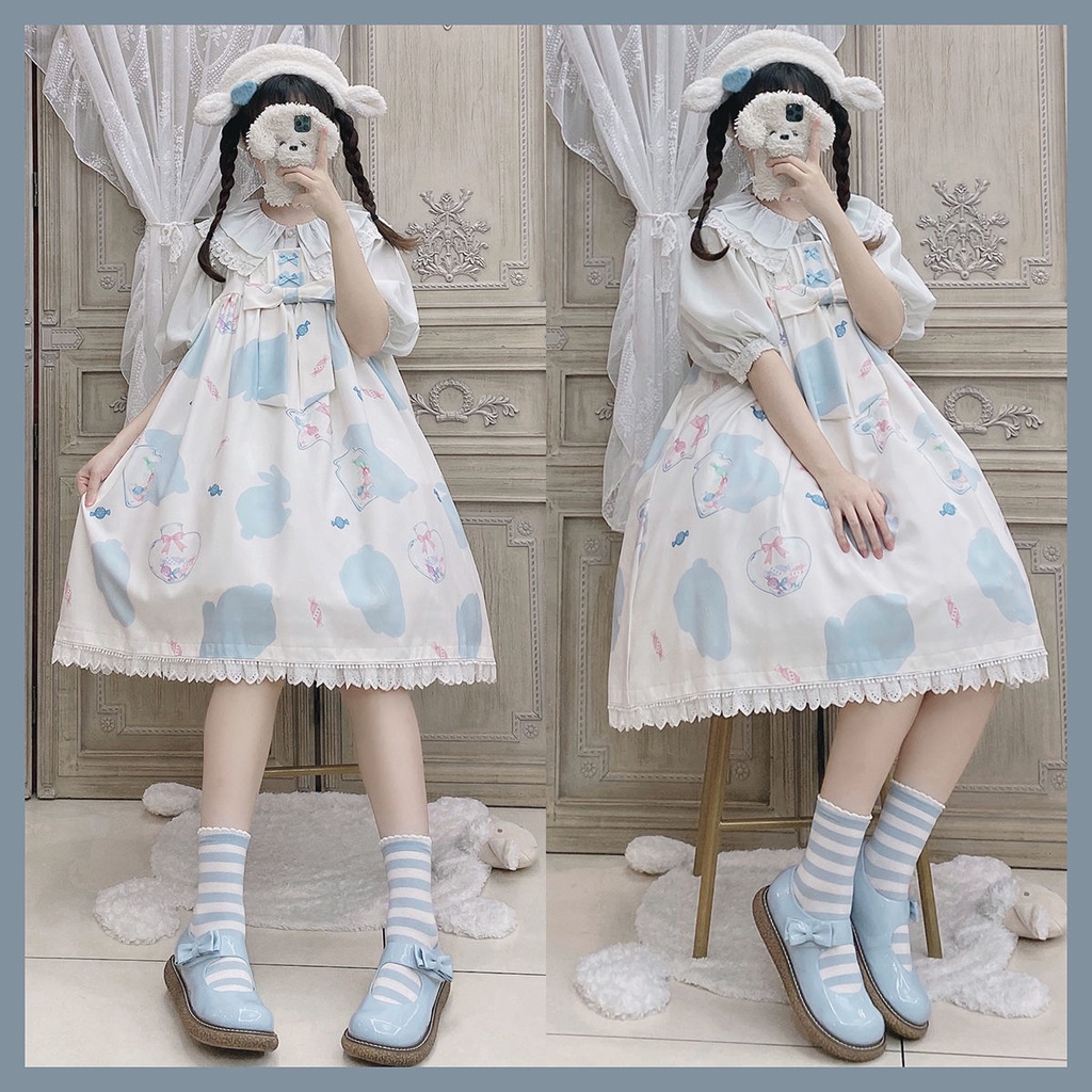 Đầm in hình thỏ màu kẹo phong cách lolita đáng yêu