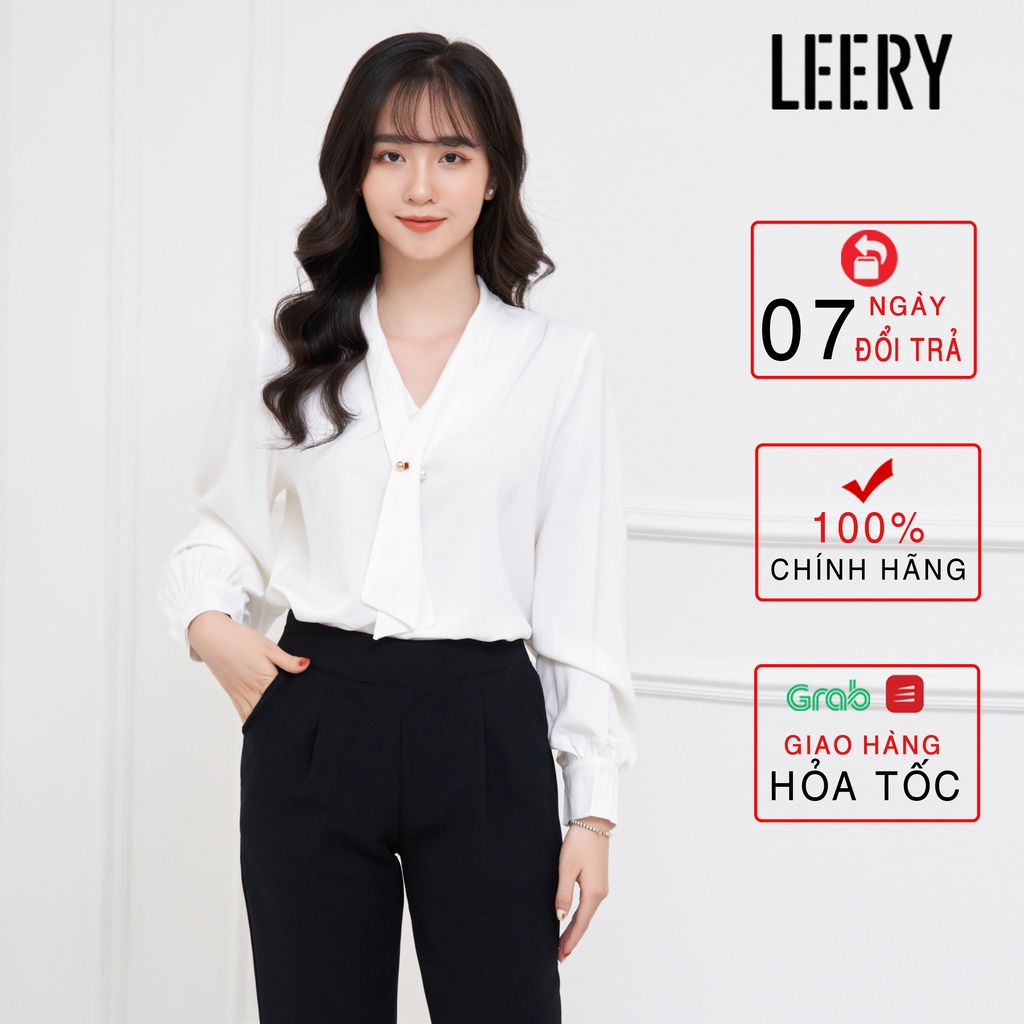 Áo sơ mi công sở nữ LEERY dài tay kiểu Hàn Quốc form rộng đính ngọc chất lụa cao cấp màu Trắng Đen SM-04 - Hàng mới về