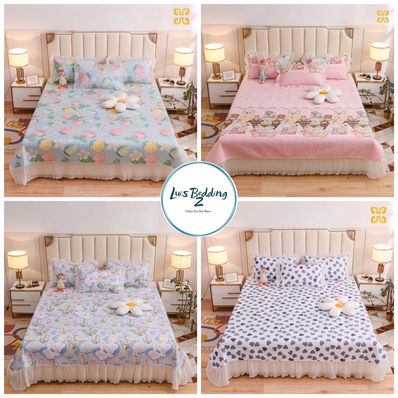 Set Ga Và Gối Cotton Trần Ga Và Gối Phủ Ren Bèo Cực Xinh,Đường Trần Tỉ Mỉ ,Chất Liệu Cực Mát