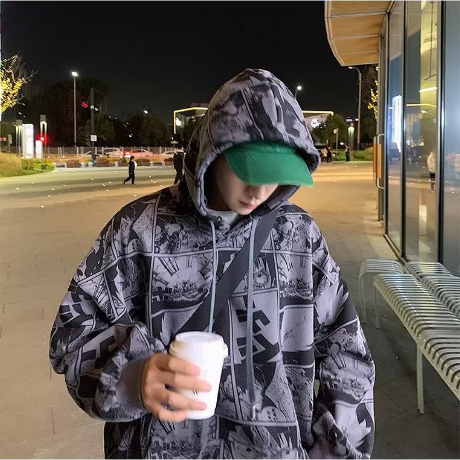 Áo Hoodie Tay Dài Dáng Rộng In Hình Truyện Tranh Kiểu Mỹ Cá Tính Cho Nam Và Nữ Plus Size M-7XL