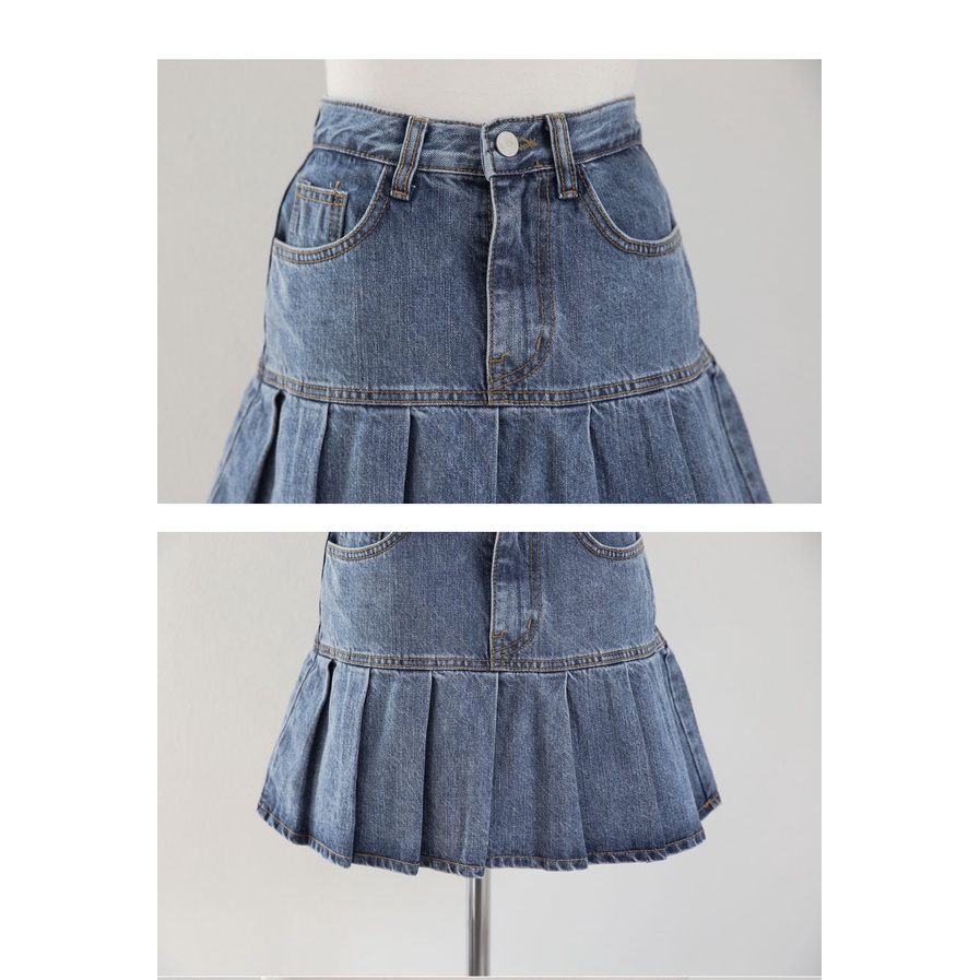 Solid color shirt, high-waist denim lace skirt, female bag hip pleated skirt, women's knitted sweater short-sleeved top, summer Korean version