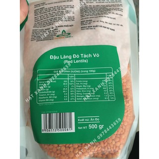 Đậu Lăng đỏ tách vỏ nguyên hạt, gói 500gr ((Red Lentils 500gr)
