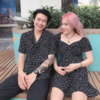 VÁY VÀ SƠ MI CHẤM BI ĐEN