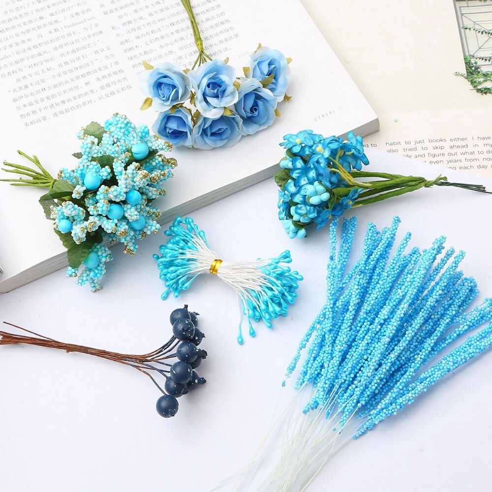 Bó hoa / quả cherry giả màu xanh dương dùng trang trí bánh kem / lễ cưới / bữa tiệc / vòng hoa