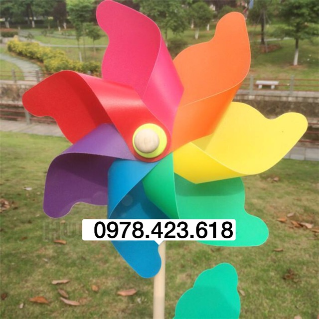 Chong chóng nhựa 7 cánh cán gỗ - chong chóng 7 màu cầu vồng - đồ chơi cho bé