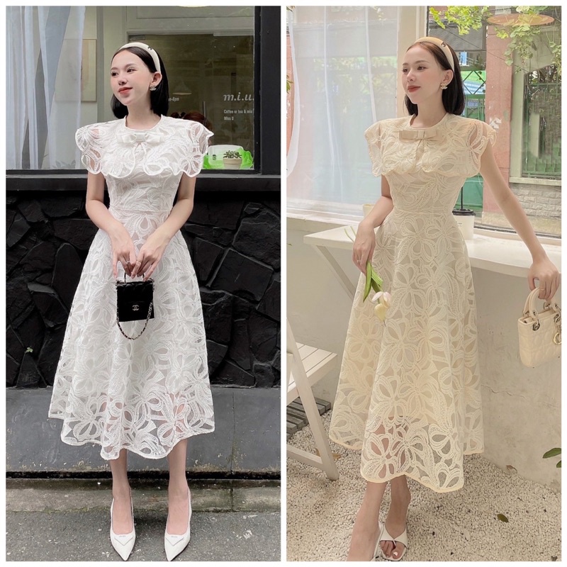 Đầm cổ sen phối ren 13941