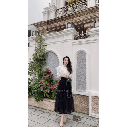 Sét váy tiểu thư áo sơ mi trắng,chân váy von tầng .Set đồ nữ cao cấp