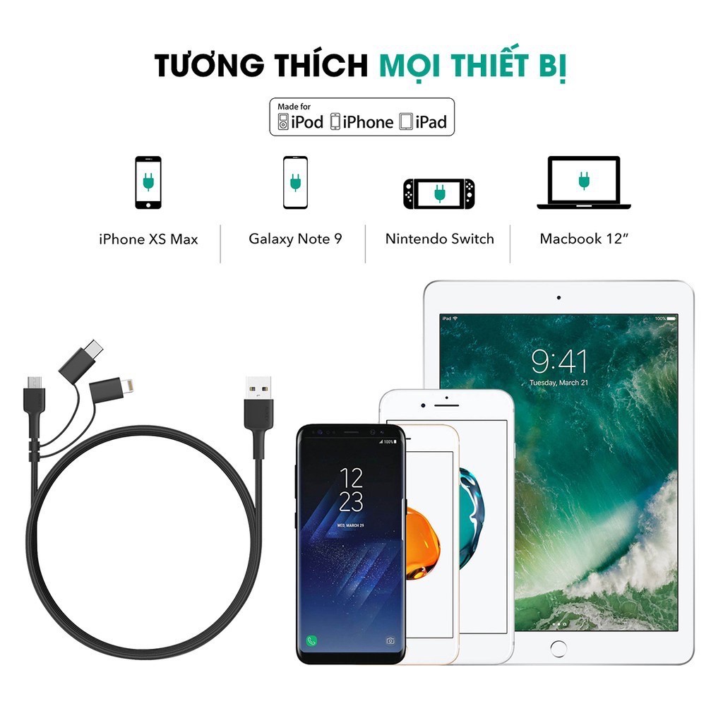 Cáp sạc nhanh bện Nylon đa năng 3 in 1 AUKEY CB-BAL5 chuẩn MFi (cổng Lightning &  USB-C, truyền data 480 Mbps) dài 1.2m