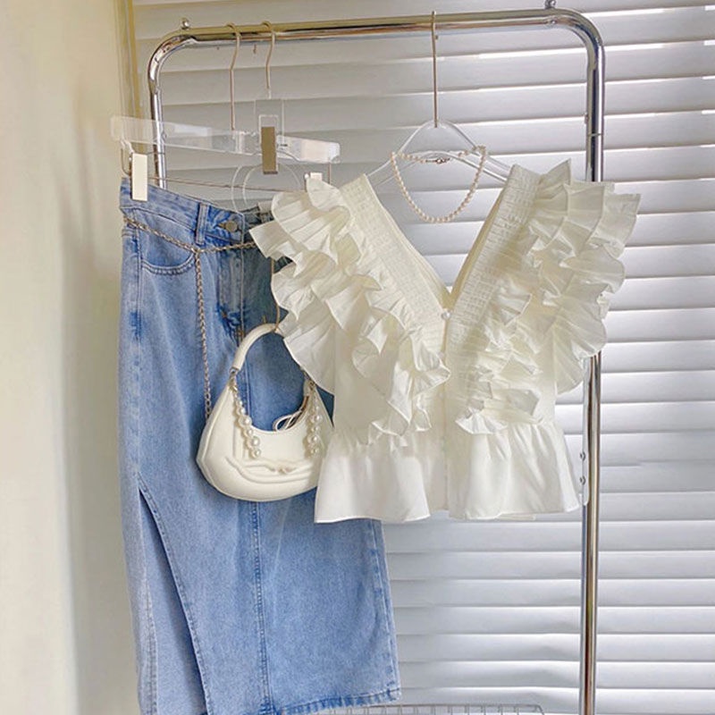 Set Áo Sơ Mi Trắng Ngắn Tay + Chân Váy Denim Xẻ Tà Phong Cách Hàn Quốc Mới Cho Nữ