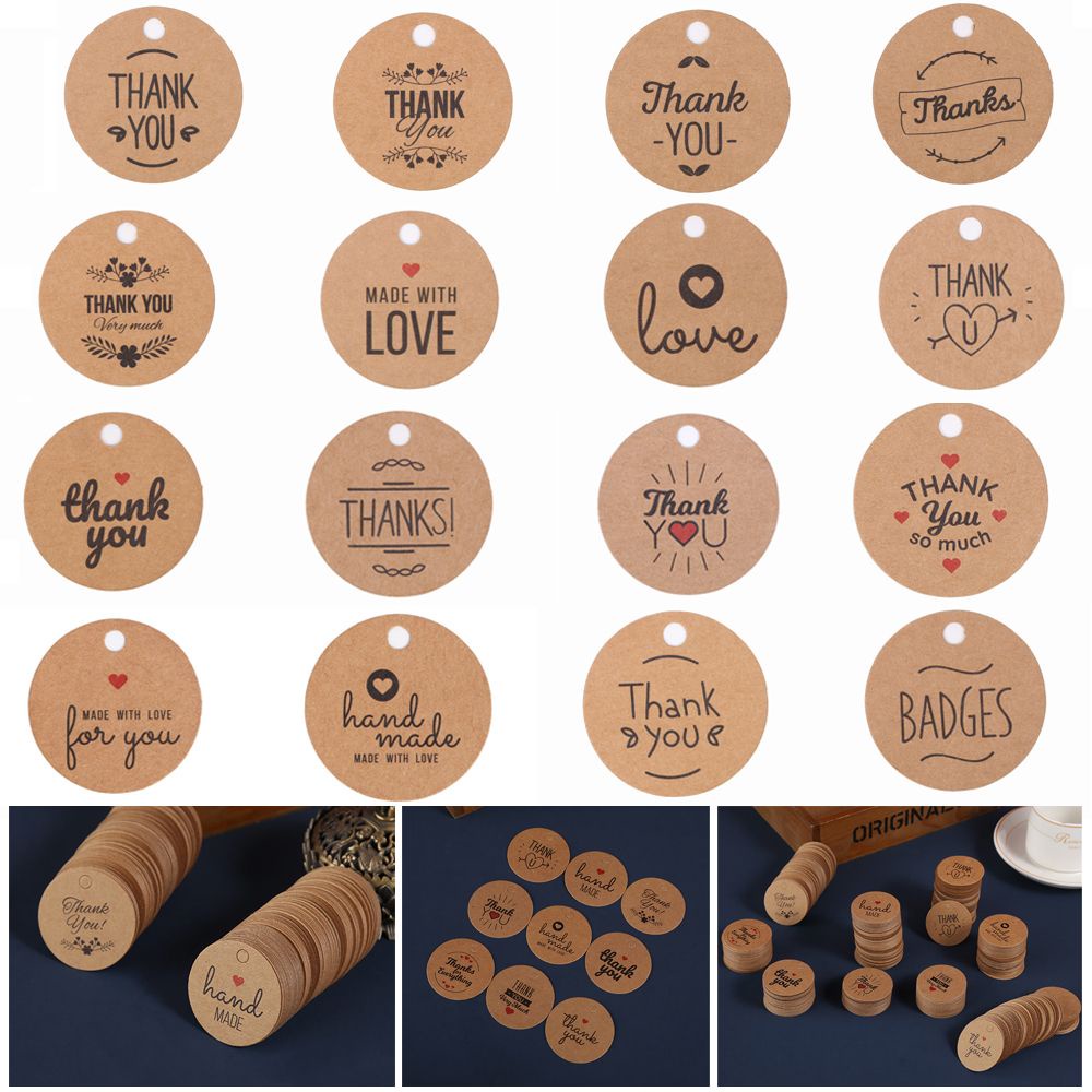 Set 100 Nhãn Giấy Kraft Hình Tròn In Chữ Thank You Làm Phụ Kiện Trang Trí Giáng Sinh/Tiệc Cưới DIY