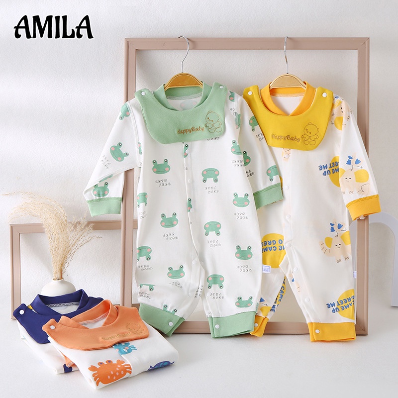Bộ áo liền quần AMILA in họa tiết hoạt hình dễ thương thoải mái thoáng khí cho bé sơ sinh/ bé trai và bé gái