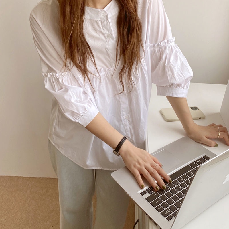 Áo Sơ Mi Trắng Tay Phồng Dáng Rộng Thiết Kế Mới Thời Trang Mùa Hè Cho Nữ