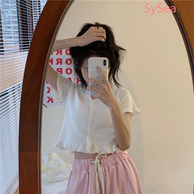 Áo croptop dệt kim ngắn tay màu trơn mùa hè cho nữ