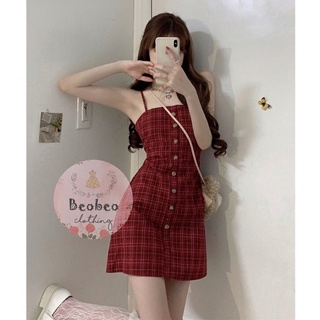 [Ảnh thật] Đầm 2 dây caro đỏ thắt nơ lưng dễ thương