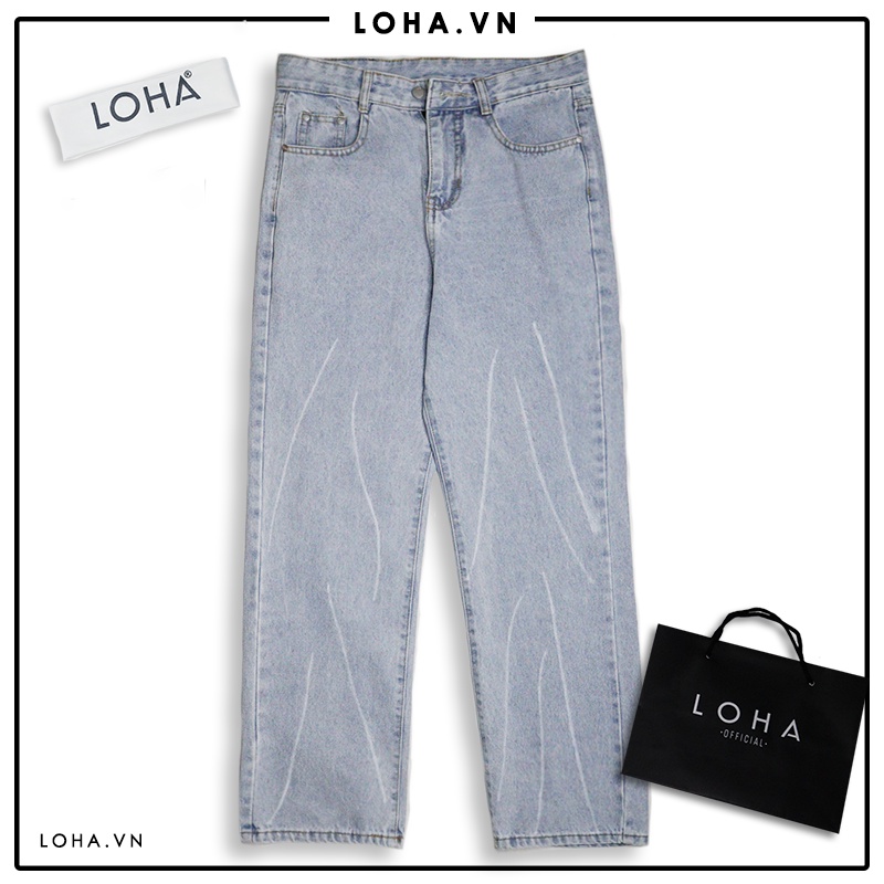 Quần bò nam dáng rộng ống suông hoạ tiết mèo cào màu xanh nhạt quần jeans unisex thời trang LOHA