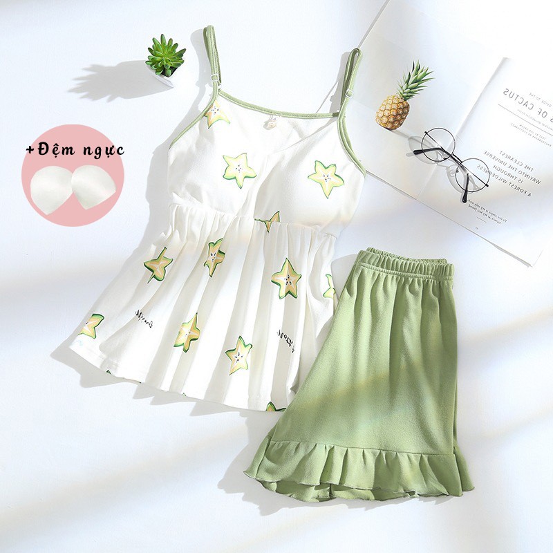 Bộ ngủ 2 dây nữ có đệm ngực tiện lợi đồ ngủ mặc nhà mặc đi biển dễ thương [BC18