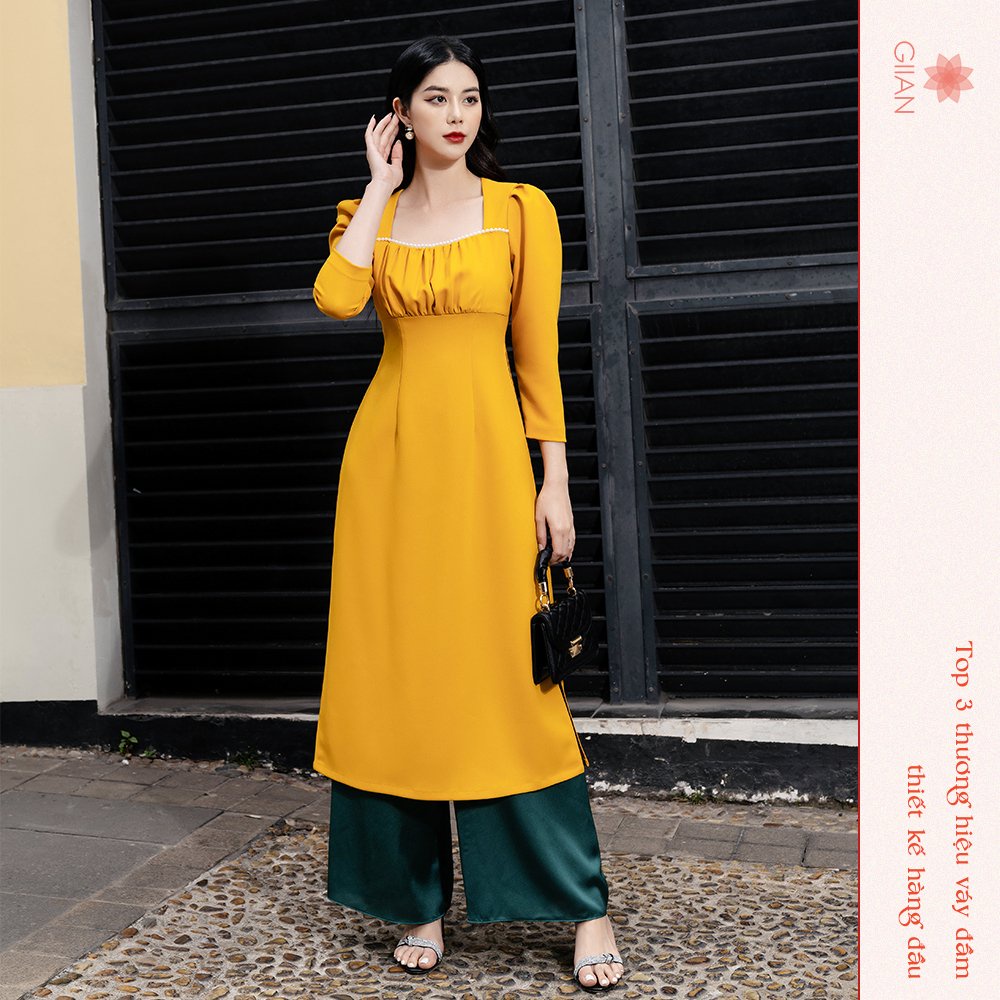Áo dài cách tân nữ cổ vuông tay bồng thiết kế đính ngọc nhún ngực cách điệu chính hãng Giian - GAD329