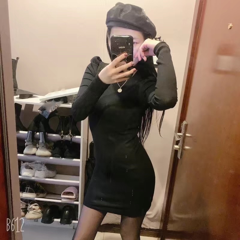 Váy body len gân tay bồng tiểu thơ siêu xinh