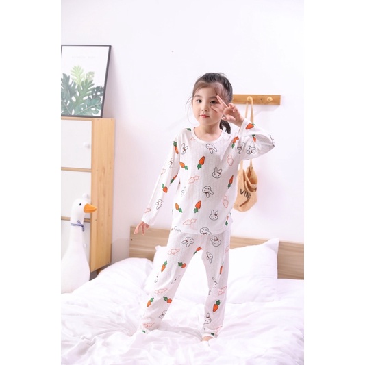 Bộ Dài Tay Cotton Lưới Sợi Tre Cho Bé Đi Lớp,Đi ngủ nằm máy lạnh size 73-130