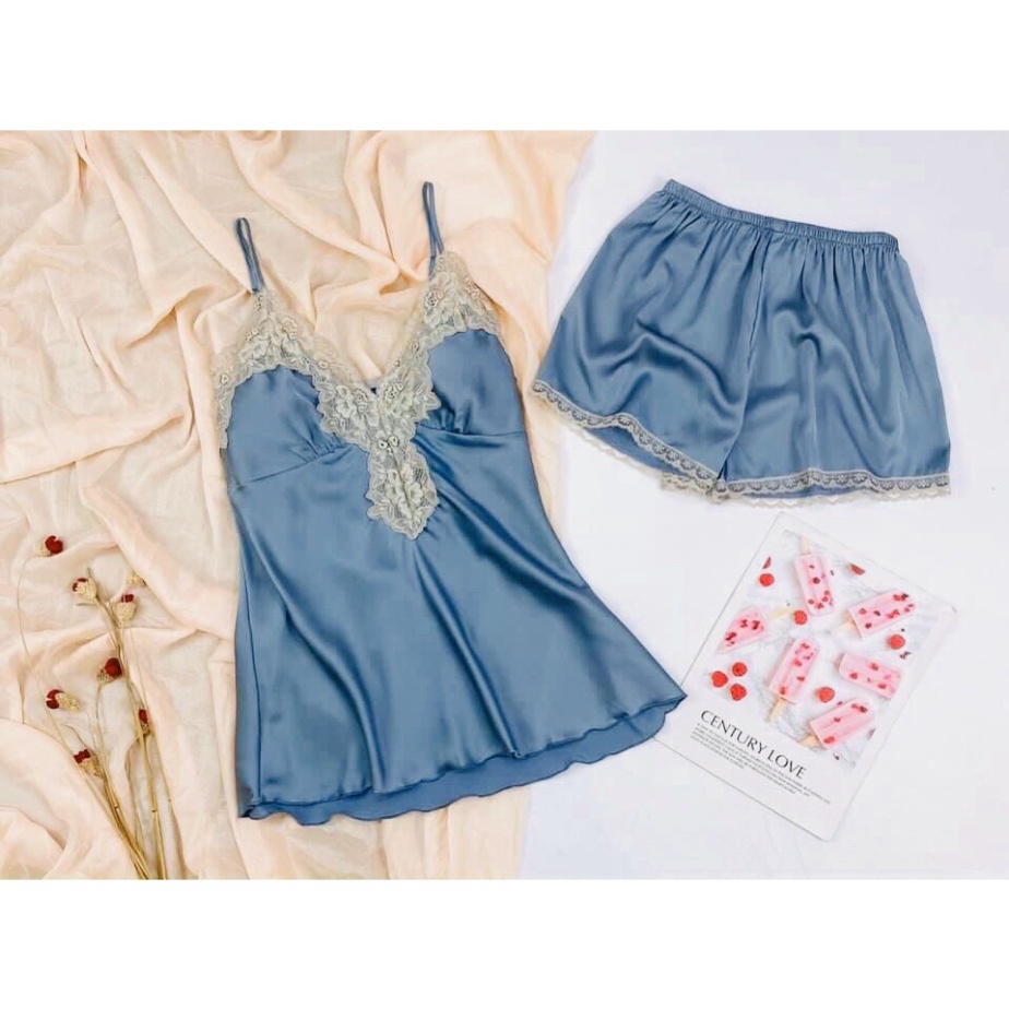 Bộ ngủ 2 dây sexy lụa satin phối ren đẹp có mút ngực cao cấp giá rẻ 012 | BigBuy360 - bigbuy360.vn