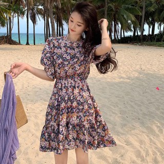 Đầm dài tay ngắn họa tiết in hoa cổ tròn thời trang mùa hè