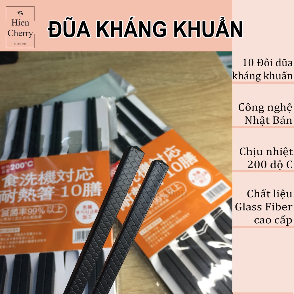 Set 10 đôi đũa kháng khuẩn chống nấm mốc, chịu nhiệt 200 độ C, chất liệu sợi thủy tinh cao cấp, công nghệ Nhật Bản