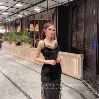 Đầm maxi 2 dây nhung viền ren