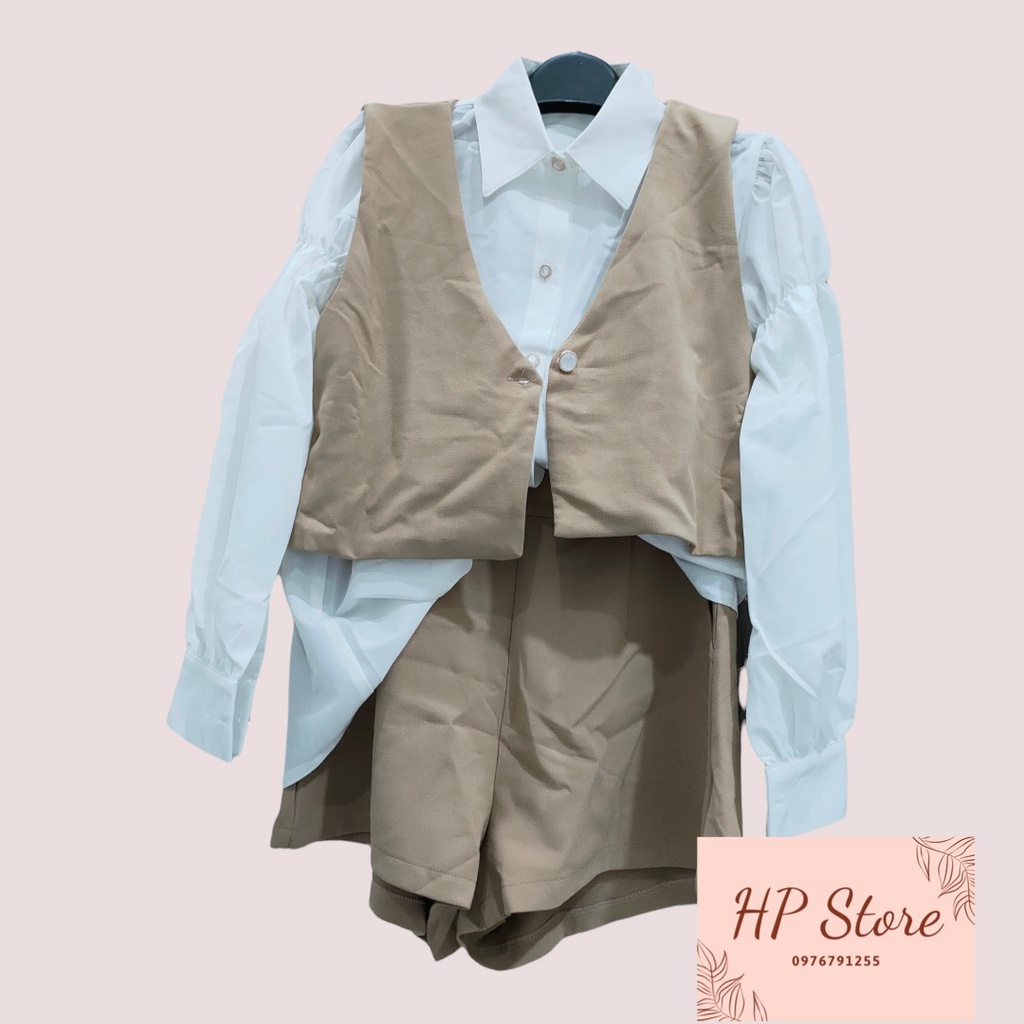 Set 3 món, set áo gile, sơ mi kèm quần short lưng cao