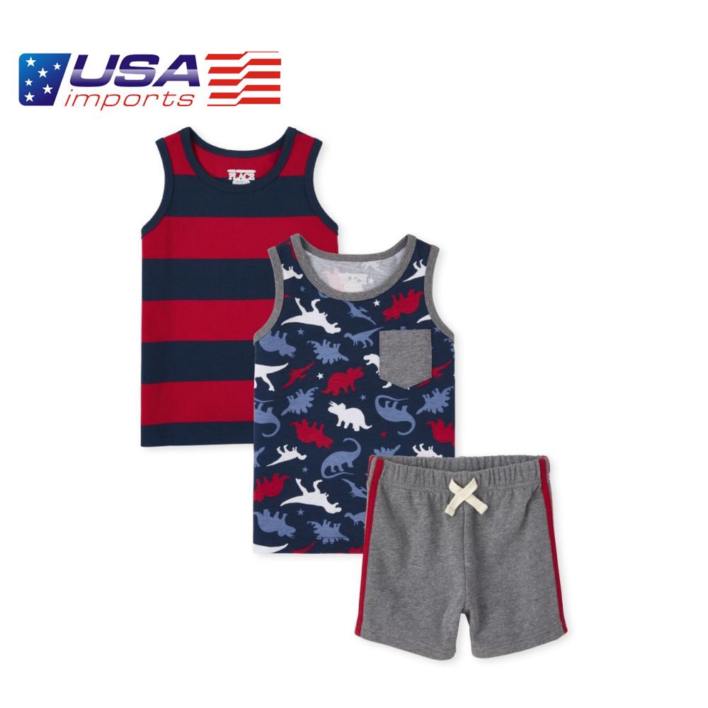 Set 3 món áo thun sát nách hoạ tiết khủng long kèm quần short Children's Place Auth Từ Mỹ (3020384_BQ)