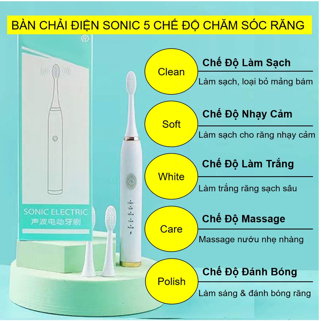 Bàn Chải Điện Đánh Răng SONIC ELECTRIC 2023 - Sạc Điện 5 Chế Độ Rung - Tặng 5 Đầu Chải