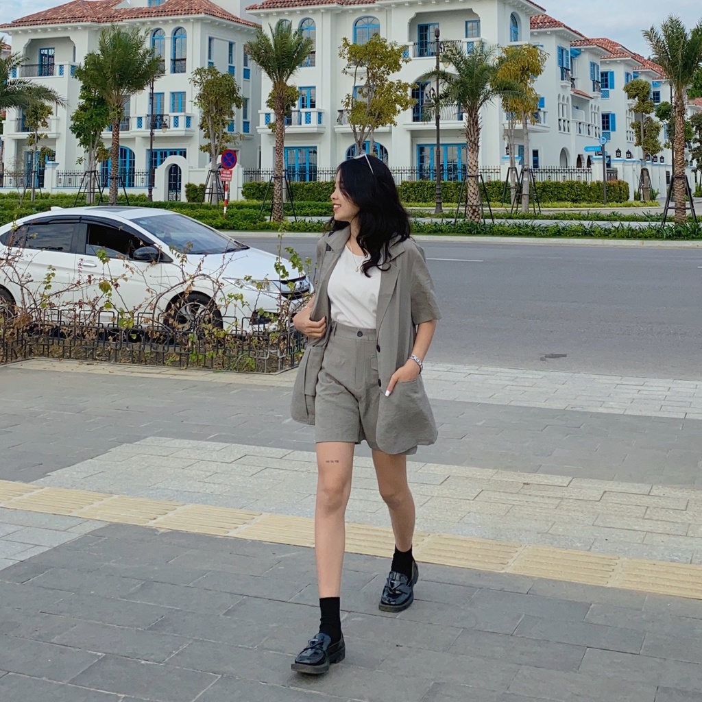 Áo Blazer ngắn tay vải Linen