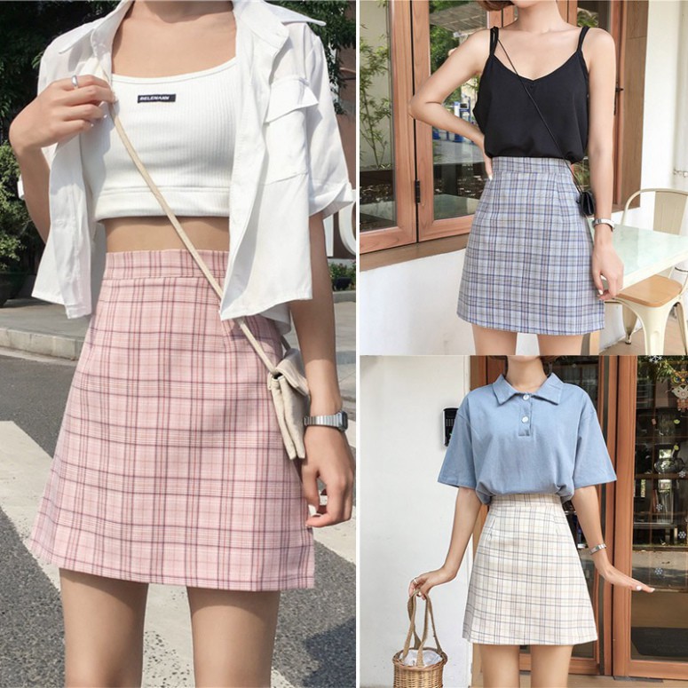 Sale 69% Chân váy lưng cao họa tiết caro phong cách vintage cho nữ, grey,L Giá gốc 185000đ- 23F84-1